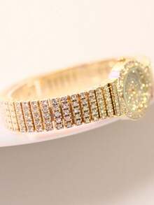 1款时尚奢华全水晶水钻圆形表盘女士石英表，多功能钢表带，适合节日、派对、婚礼、返校季、圣诞节、感恩节、万圣节、复活节等场合作为礼物 - 金色 - 查看 4