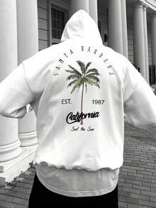 男士休闲椰子树印花抽绳连帽卫衣，街头风格，返校季，秋冬 - 白色 - 查看 2