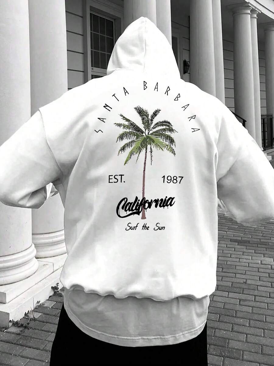 男士休闲椰子树印花抽绳连帽卫衣，街头风格，返校季，秋冬