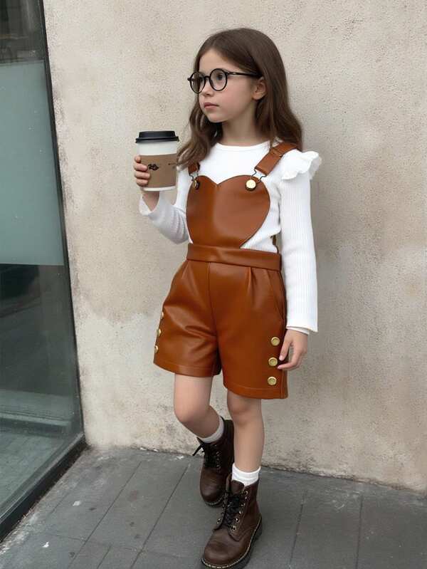 2 Stücke/Set Kleinkind Mädchen Braune Leder Herz Vorne Latzhose und Weiß Gerippter Rundhals Langarm Top, Frühling/Herbst