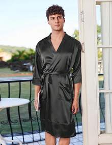 Mens Satin Robe Lightweight Silky Kimono Bathrobe 3/4 Sleeve Spa Knee Length Loungewear With Pockets S-3XLhalloween - 綠湖 - 查看 7