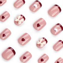 Short Press On Nails Square Fake Nails Red French Tip False Nails With Heart Bow Charms Design Glue On Nails Cute Acrylic Nails Glossy Full Cover Stick On Nails For Women Manicure 24Pcs - 紅色 - 查看 3