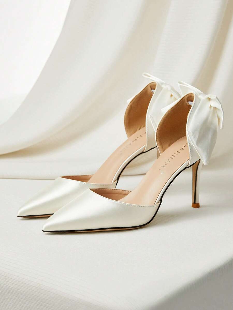 Women's Wedding Shoes, White Satin Bow Knot High Heels, Thin Heel — free download