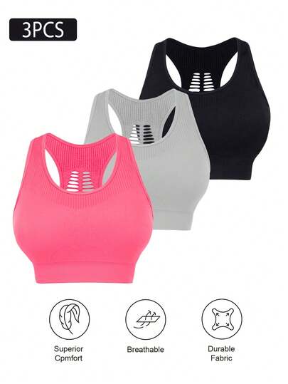 3pcs Plus Size Women's Camisole Bras, Removable Pads, Hollow Back Design, Anti-Sagging, Easy On/Off, Suitable For Gym