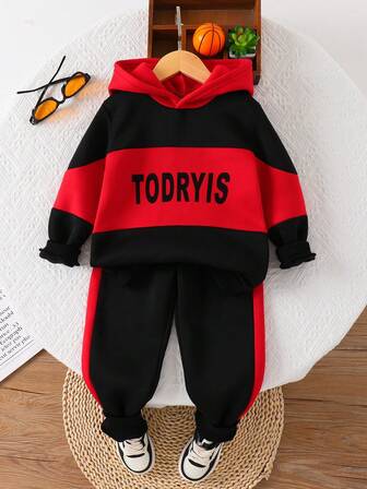 2pcs/Set Boys Letter & Number Print Thermal Lined Hoodie Sweatshirt And Pants Set, Sporty Casual Fashion For 3-7 Years Old Students Outdoor Activities