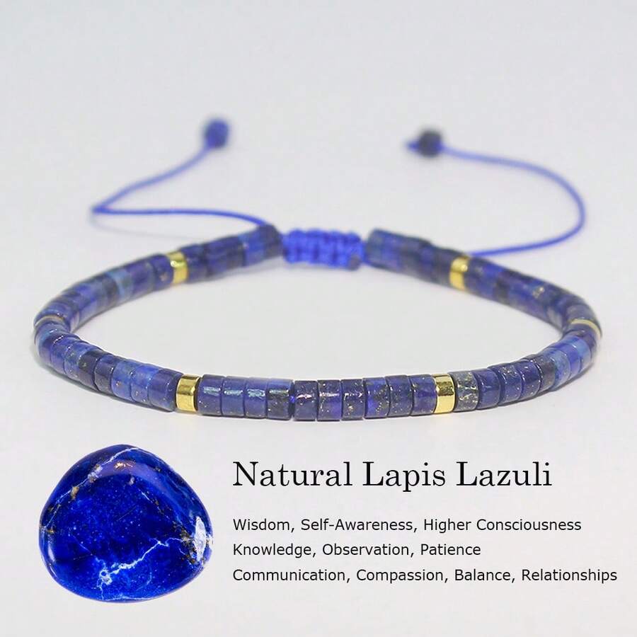 1 pieza Pulsera ajustable con cuentas y espaciador de oro de 4*2 de lapislázuli natural de estilo bohemio, adecuada para uso diario en todas las estaciones. Sirve como un regalo ideal que se cree que trae buena suerte y prosperidad. Además, es un elemento de moda imprescindible para la fotografía al aire libre.
