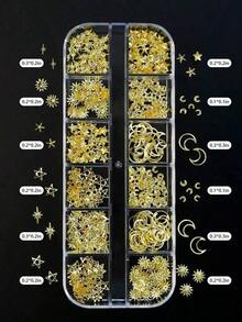 1 Box Star Moon Heart Triangle Square Metal Rivets 3D Gold Punk Nail Art Decoration 12 Grid Nail Sequins Jewelry DIY Nail Gems Nail Supplies - 金色 - 查看 5