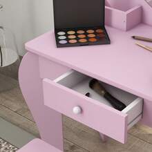 ZONEKIZ Kids Dressing Table, Kids Vanity Table, Girls Dressing Table With Mirror, Stool, Drawer, Storage Boxes, Cat Design, For Ages 3-6 Years - Pink - 粉色 - 查看 8