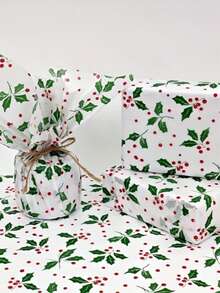 5/10/20 Green Christmas Leaf And Red Berry Pattern Thin Paper, 19.69 Inches X 13.78 Inches Gift Wrapping Paper, Suitable For Wedding, Christmas, Birthday Gift Packaging, Bouquet Filling, Party Gifts