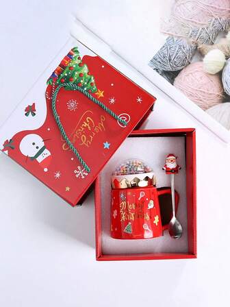 1 Juego de Taza de Cerámica de Papá Noel con Caja de Regalo, Taza de Café Creativa de Dibujos Animados con Cuchara de Papá Noel, Regalo de Navidad para Amigos y Familia, Decoraciones Navideñas, Pijamas Navideños, Regalos de Navidad, Decoración Navideña