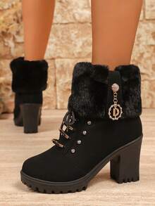 1 双时尚简约青少年踝靴，全新秋冬设计，舒适保暖，装饰性系带粗跟，适合户外、日常通勤、派对和舞会 - 黑色 - 查看 3