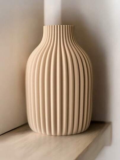 1PC Fake Ceramic Plastic Vase Pampas Flowers, Minimalist Home Beige Zwart Cylindrical Vase, Gestreepte Texture, Smooth Surface, Living Room/Bedroom/Wedding/ Centerpiece Tafel Flower Room Glass view 4