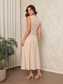 Women's Set Vest With Fake Pocket And Buttons And Long Skirt Twill Simple Elegant Casual Buttons On The Front Split Pocket Wedding - 米色 - 查看 4