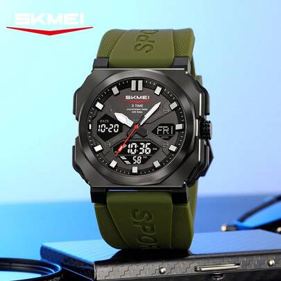  SKMEI 2418 方形多功能男士手表双机芯TPU表带运动户外酷炫风格男士电子石英腕表