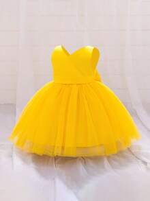 Baby Girls V-Neck Backless Bow Mesh Satin Cute Flower Girl Dress, Suitable For Birthday Party, Holiday, Travel, Does Not Include Headband - Yellow - View 5