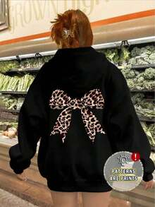 Winter Clothes For WomenCasual Simple Leopard Print Bow Sweatshirt, White Long Sleeve Oversized Hoodie For Women, Thick Plush For Fall/Winter,Long Sleeve Tops Autumn And WinterLoose And Comfortablesudaderas De Mujer - 黑色 - 查看 1