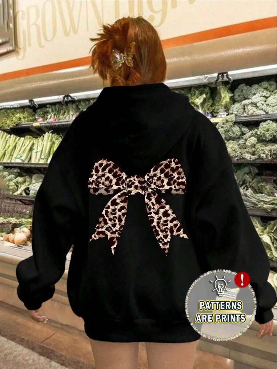 Winter Clothes For WomenCasual Simple Leopard Print Bow Sweatshirt, White Long Sleeve Oversized Hoodie For Women, Thick Plush For Fall/Winter,Long Sleeve Tops Autumn And WinterLoose And Comfortablesudaderas De Mujer - 黑色 - 查看 1