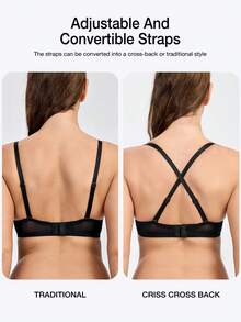 WINGSLOVE Sheer Mesh V-Neck Push-Up Bra - Adjustable & Convertible Cross Back Straps Lightweight Invisible Comfort Daily Wear Black Underwire Bra - Black - View 7