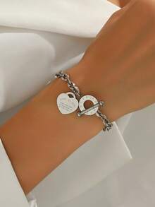 1pc Unisex Stainless Steel Heart Engraved Lip Chain Silver Bracelet, Suitable For Daily Wear, Gifts, And Casual Outfits