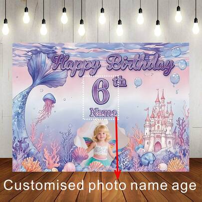 Customisable Photo Name Age Mermaid-Themed Birthday Happy Background Cloth With Gradient Background, Purple Fishtail Jellyfish Castle Shell Decoration Design. Personalised Mermaid-Themed Birthday Bath Party Cake Table Background Decoration Photography Banner Props Vinyl.
