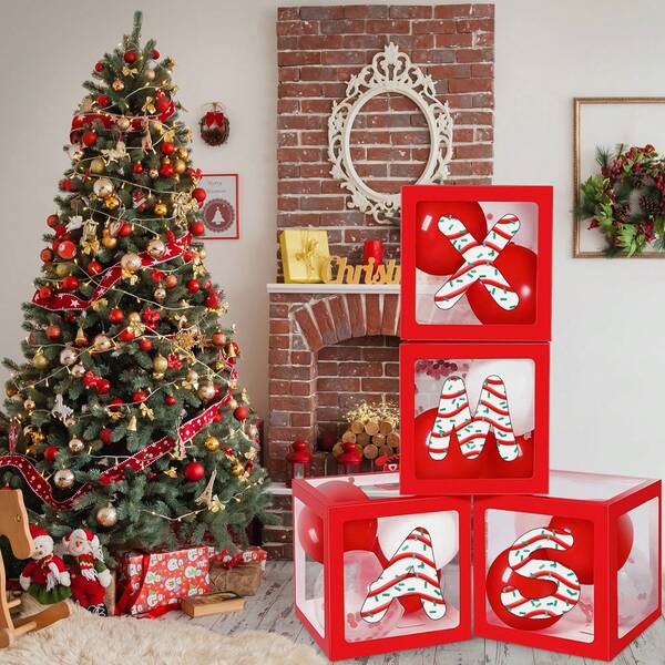 1 pieza Caja decorativa con globos con tema navideño, combinación de 26 elementos navideños en letras y caja transparente roja que se puede combinar para formar XMAS o JOY según los requisitos, para decoración de fiestas navideñas, adornos navideños, productos de combinación DIY navideños, regalos navideños, cajas de globos con tema navideño