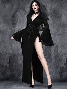 女士哥特式暗黑万圣节性感优雅华丽浪漫女巫袖角色扮演蕾丝拼布高开叉金属腰装饰连衣裙派对礼服 - 黑色 - 查看 6