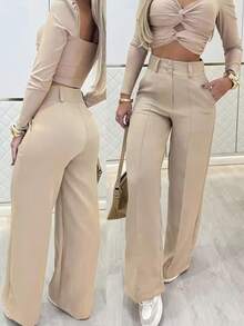 女士时尚阔腿裤，百搭别致的欧式风格 - 卡其色 - 查看 1