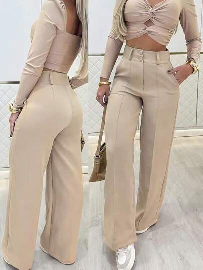 Pantalones de pierna ancha de moda para mujer, versátiles y elegantes de estilo europeo