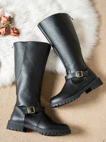 Fall/Winter 2025 Simple Fashion Women's Tall Boots, Non-Slip Comfortable Versatile Square Buckle Decor, British Style Plus Size Riding Boots - Black - View 10