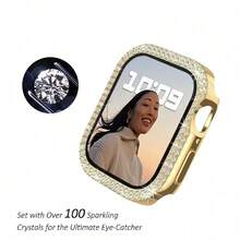 1pc Fashionable Attractive Sparkling Crystal Rhinestone Decorated 2-In-1 Anti-Fall Ultra-Thin Tempered Glass Protection Case Compatible With Apple Watch 38/40/41/42/44/45/46mm, Compatible With Apple Watch SE/10/9/8/7/6/5/4/3/2/1 Series, Smartwatch Case Accessory, For Women And Men