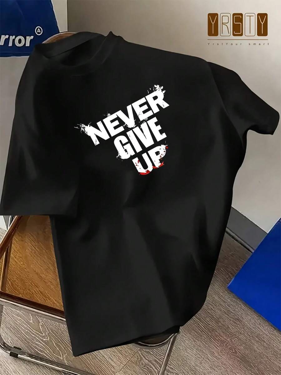 Popular Men's Short Sleeve Shirts Never Give Up Letter Pattern Print Casual Summer Tops, Men's Fashion Casual Round Neck Short Sleeve, Suitable For Daily Wear And Various Occasions. Roomy And Comfortable - Đen 2 - Xem 1