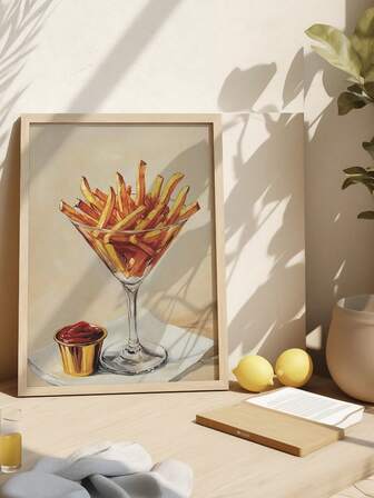 1 Piece French Fries Glass Wall Art Poster Beige Canvas Picture Modren Creative Minimalism Hanging Painting Funny Home Decor Living Room Dining Room Dormitory Decoration No Frame