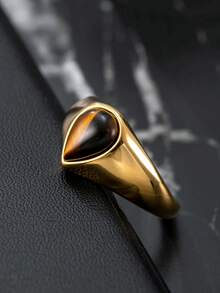 18K Gold Plated Stainless Steel Tiger Eye Stone Ring, Natural Gemstone Inlaid, Water Drop Shape, Fashion Jewelry For Men And Women