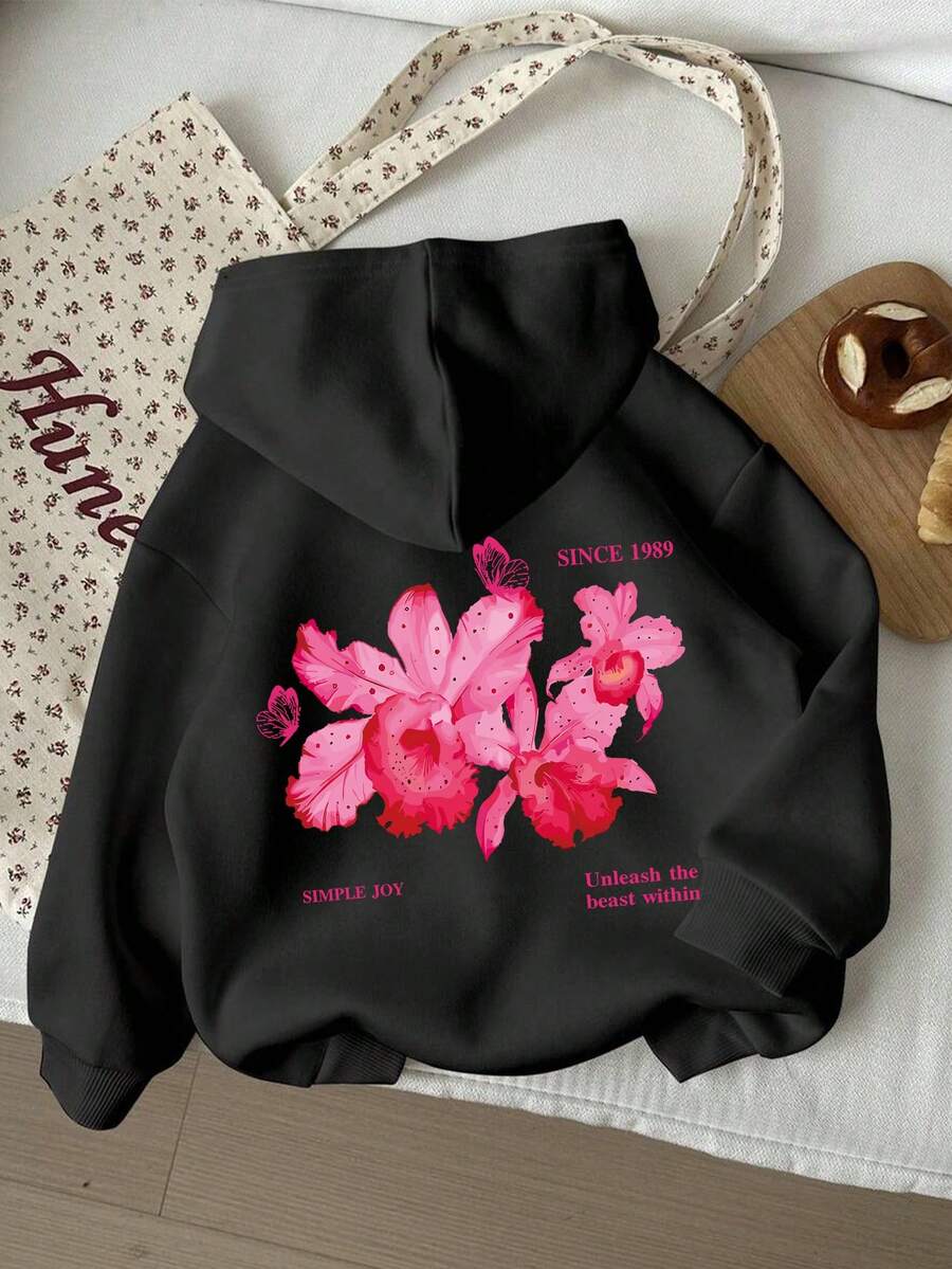 Áo nỉ nữ tuổi teen in hoa, kiểu dáng rộng rãi, áo len chui đầu, phong cách Y2K, trang phục nữ tính. - màu đen - Xem 1