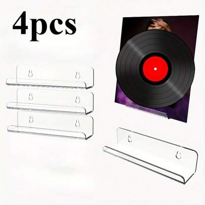 4pcs Acrylic Vinyl Record Display Shelf - Wall Mounted Vinyl Record Rack With Hooks, Classic Home Decor For Living Room, Bedroom, Office, Music Albums, Christmas Decoration