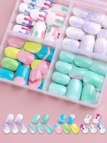 NAIO 96pcs/Set Kids Press On Nails Acrylic False Nails Pre-Glued Full Coverage Glitter Cute Gradient, Flame, Polka Dots And Other Elements Short Kids Stick-On False Nails Set Suitable For Kids Little Girls - Cute Autumn And Winter Gradient Polka Dot Theme Nail Supplies - Multicolor - View 3