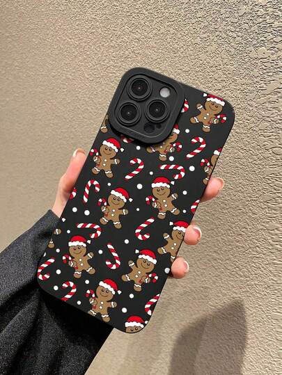 1 carcasă de telefon moale, antiderapantă, cu model de Crăciun cu omuleț de turtă dulce și baston de bomboane, neagră, acoperire completă, compatibilă cu 11, 12, XR, 13, 13 Pro, 13 Pro Max, 14, 14 Pro, 14 Pro Max, 15, 15 Pro, 15 Plus, 15 Pro Max, 16, 16 Pro, 16 Plus, 16 Pro Max