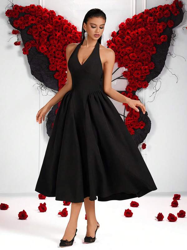 Elegant Halter Neck V Neck Sleeveless High Waist Tie-Back Full Skirt Midi Party Dress For Prom Gown Wedding Guest Dancy Party Homecoming Date Night Cocktail Party Birthday Party Festival Party Family Party