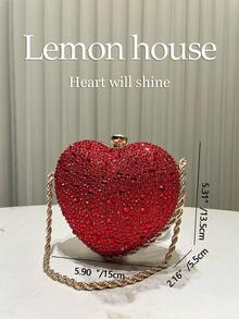 1pc Glamorous Sparkling Red Rhinestone Heart Shaped Clutch Bag, Cute Mini Heart Glitter Asymmetrical Handbag, Suitable For Evening Party, Wedding, Banquet, Celebration Events, Great Gift For Women, Valentine's Day - Red - View 3