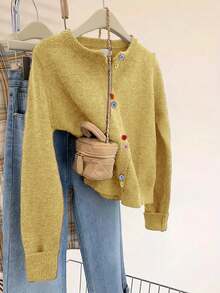 Plus Size Women Colorful Button Casual Long Sleeve Cardigan Round Neck Sweater, Autumn/Winter - Turmeric - View 2