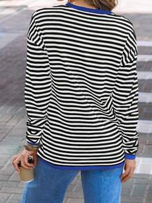 Women's Autumn Casual Tops Long Sleeve Round Neck Loose Fit Striped T-Shirt With Pocket - Lake Blue - View 7