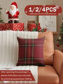 1/2/4pcs Pillow Case Set, Soft Decorative Cushion Cover, Linen Pillowcase, Bedding, Red & Green Plaid Pattern Pillow Covers, Zipper Closure, Suitable For Sofa, Bench, Bedroom, Living Room Decor - Multicolor - View 2