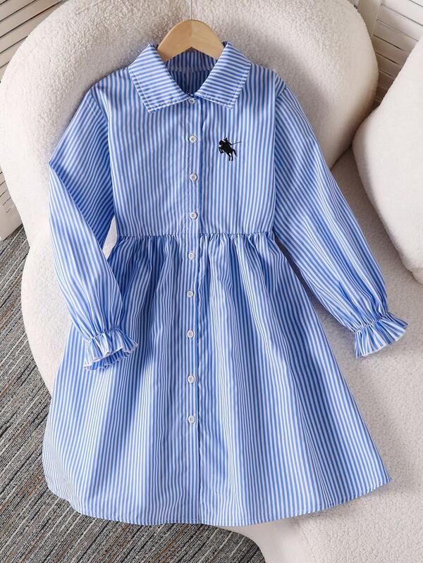 Robe polo à rayures col long avec broderie de poney, robe chemise décontractée à col doux, simple boutonnage polyvalent, convient pour le printemps et l'automne