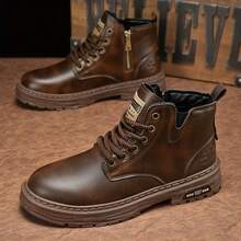 男士纯色休闲靴，侧拉链系带步行鞋，适合各种户外活动，棕色，春/秋/冬街头服饰