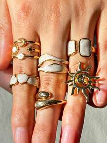 6 件套复古时尚独特奢华多功能高端优雅精致创意不对称星星、月亮、心形、向日葵白色闪光滴油戒指套装，女士日常佩戴，节日派对珠宝 - 查看 4