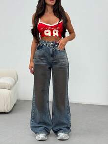 SQUALO Women's Wide Leg Color With Pocket Details Destroyed Retro Washed Street Style Jeans Ripped And Cutout Wide Leg Jeans - Biru - View 1