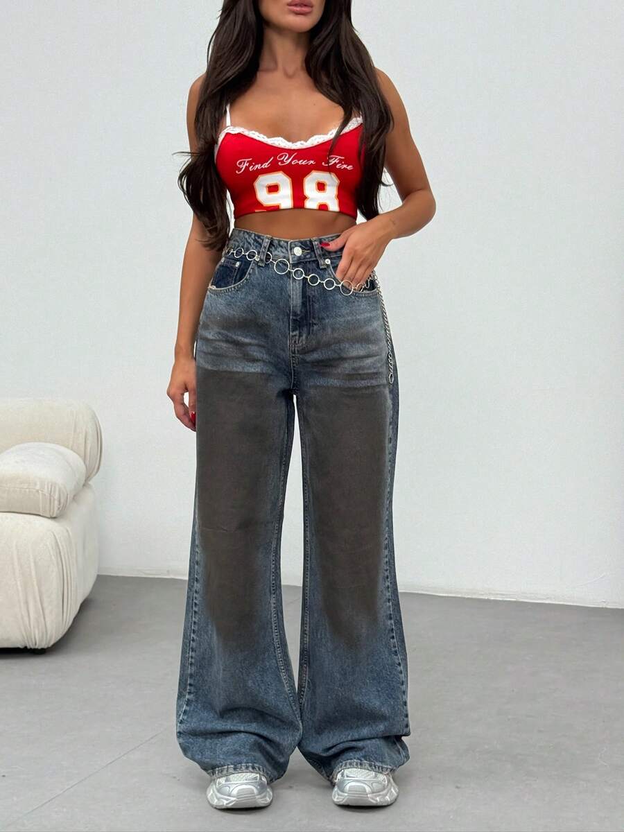 SQUALO Women's Wide Leg Color With Pocket Details Destroyed Retro Washed Street Style Jeans Ripped And Cutout Wide Leg Jeans - Biru - View 1