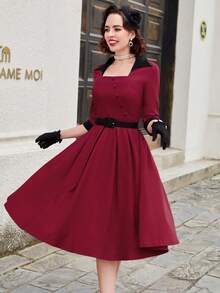 Vintage Elegant Button Patchwork Square Neck Midi A-Line Evening Dress - Burgundy - View 4