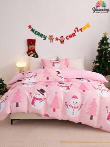 2/3pcs Pink Christmas Snowflake Gift Gingerbread Man Snowman Pattern Reversible Color Duvet Cover Bedding Set, Soft Breatheable Wrinkle-Free Better For Sleep, Luxury Hotel Style, Gift For Mom Dad Friend, Quilt Comforter Duvet Cover*1 Pillowcase*1/2 King Queen Full Twin Size.Gender Neutral Christmas Atmosphere