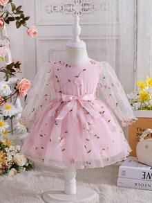 Baby, Toddler And Little Girl Princess Dress, Toddler Ballet Dress, Baby Girl Party Dress, Floral - Embroidered Tulle Dress, Little Girl's Elegant Puff Dress - 粉色 - 查看 1